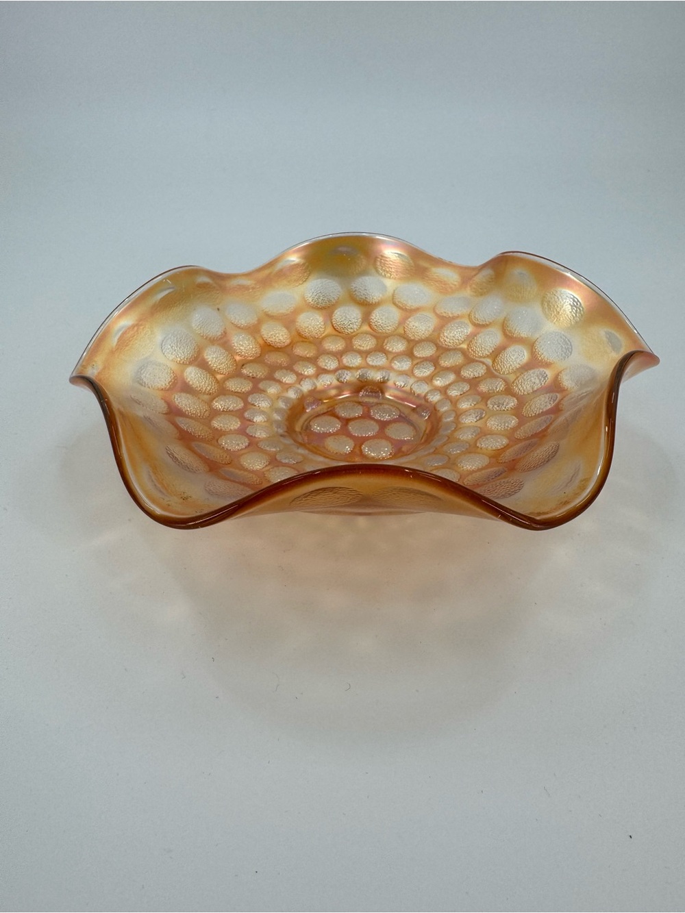 Antique Fenton Stippled Coin Dot Marigold Carnival Glass Ruffled Footed Bowl